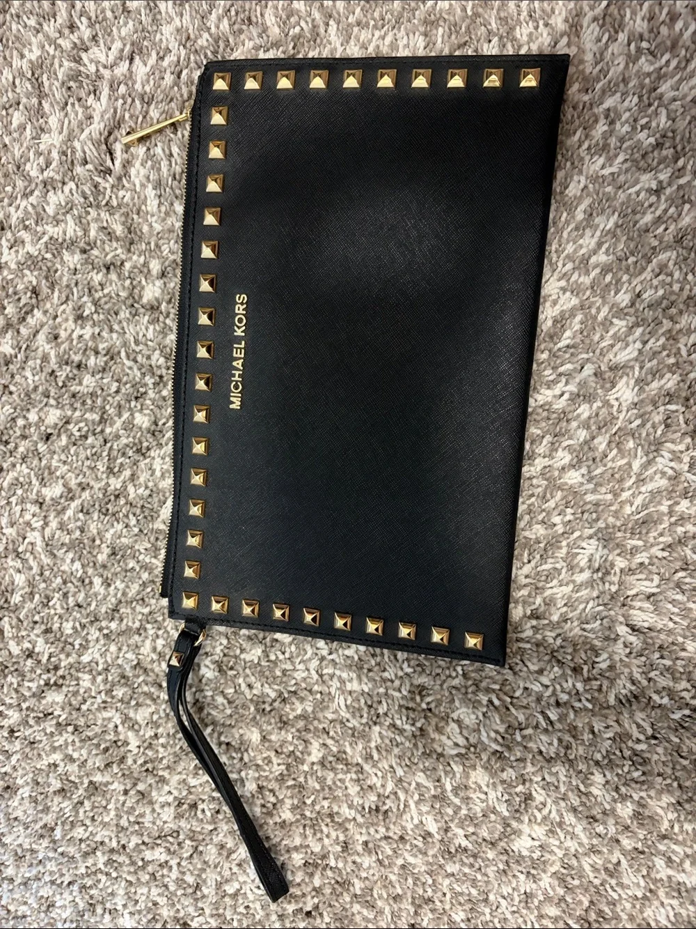 Michael Kors Black Leather Gold-Stud Wristlet Clutch